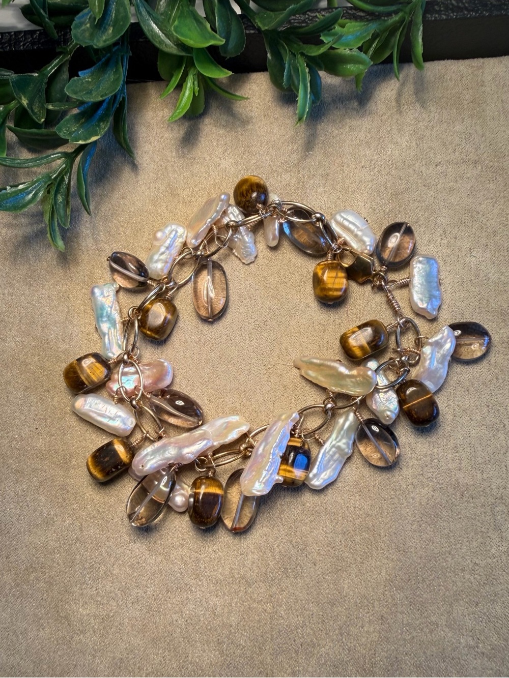 Handmade Freshwater Pearl & Tiger Eye Charm Bracelet